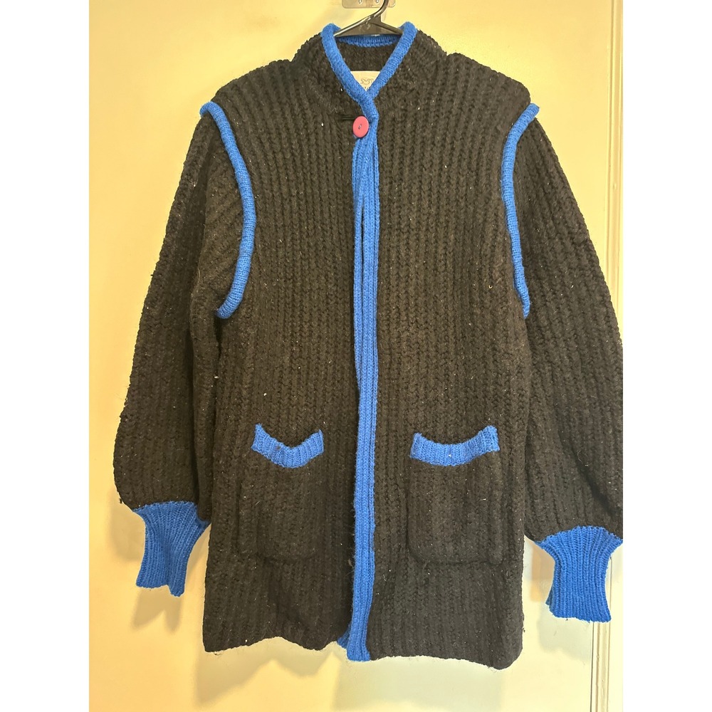 Partners Vintage Chunky Knit Cardigan Sweater Sz:M Black Blue Wool Blend